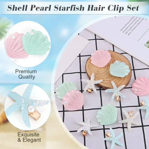 Vista 3 de 12 pinzas para el cabello de concha y perlas de estrella de mar, pinzas de pelo artificiales de estrella de mar de resina acrílica, horquillas