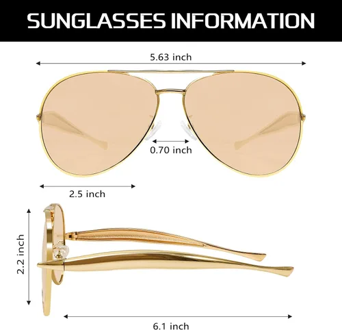 Vista 6 de Lentes de sol estilo aviador retro dorados para mujeres y hombres, 2025 de metal de gran tamaño de los años 70