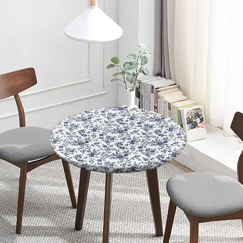 Vista 2 de Mantel redondo ajustable con borde elástico floral azul, mantel con borde elástico de estilo floral pastoral, almohadilla de mesa de poliéster