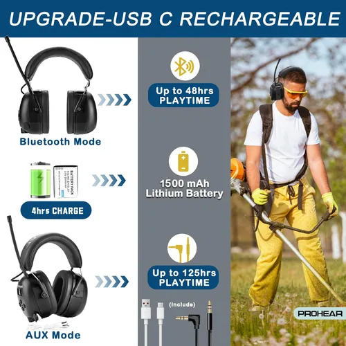 Vista 5 de PROHEAR 033 - Auriculares con radio AM/FM Bluetooth 5.4 - Batería recargable USB C de 2000mAh - Auriculares con radio para protección auditiva