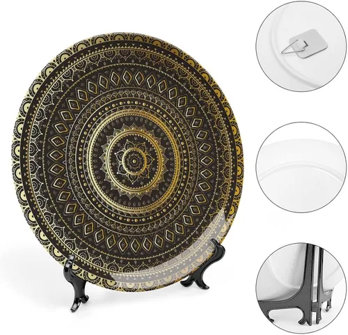 Vista 4 de XISUNYA Plato decorativo de 6 pulgadas, porcelana redonda de mandala dorada, plato de exhibición de estampado floral indio oriental para mesa