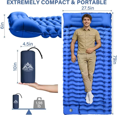 Vista 2 de FUN PAC Almohadilla de dormir para acampar con almohada Bomba de pie incorporada Esterilla de dormir inflable compacta para acampar mochilero Azul