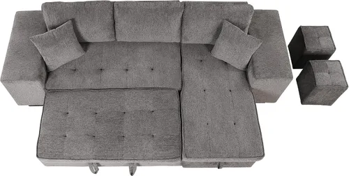 Vista 6 de Sofá cama modular de 104 pulgadas con diván convertible de almacenamiento y taburetes para sala de estar, moderno sofá cama extraíble de 3 asientos
