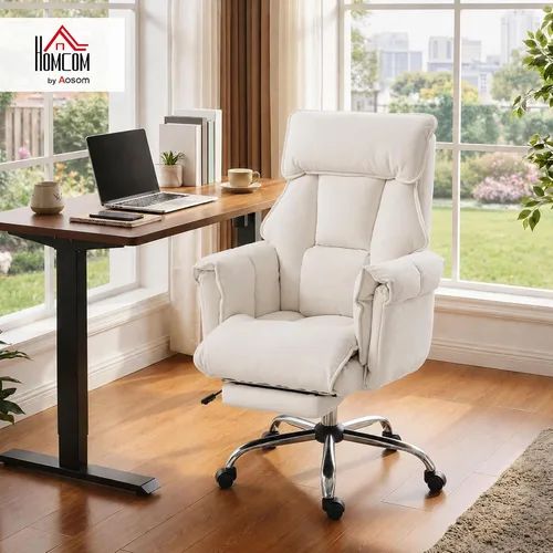 Vista 2 de HOMCOM Silla de escritorio cómoda reclinable con reposapiés, asiento extra Blanco crema