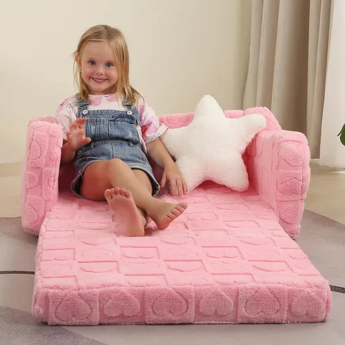 Vista 5 de MOMCAYWEX Sofá para bebé, 2 en 1, sofá suave para niños plegable con almohada de estrellas, sofá plegable para convertir en sofá cama, extra ancho