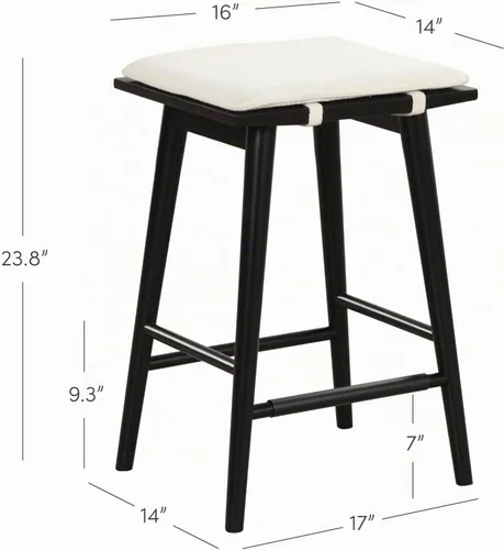 Vista 2 de Nathan James Barker Taburete de bar de altura de mostrador de madera maciza con cojín tapizado, taburete de isla sin respaldo con patas de madera