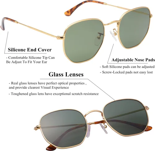 Vista 3 de Lentes de sol hexagonales con lente de cristal retro para hombres y mujeres, marco de metal cuadrado vintage, lentes planas, lentes de sol