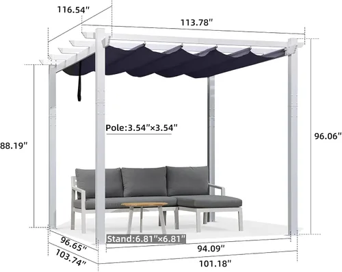 Vista 6 de PURPLE LEAF Pérgola 10' X 10' Pérgola Retráctil para Exteriores con Cubierta de Toldo de Sombra Blanco Refugio de Metal para Patio Jardín Porche