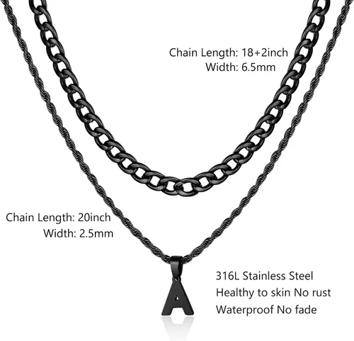 Vista 3 de SENRAN Collar con inicial en capas de la A a la Z para hombre, cadena de cuerda torcida de acero inoxidable de 18 a 20 pulgadas, dije de letra