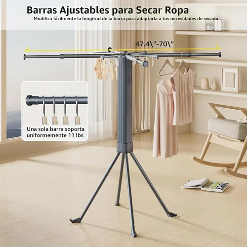 Vista 3 de BIREN Tendedero de Ropa Plegable Extensible Tendedero de Lavandería con 16 Clips Tendedero de Ropa Plegable que Ahorra Espacio para Colgar Ropa
