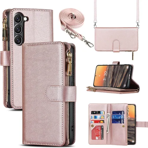 Vista 25 de Cavor Funda tipo cartera cruzada para Samsung Galaxy S22 Plus, color negro Funda de cuero con cierre magnético con cremallera y función atril TPU