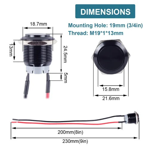 Vista 4 de 2 unids 0.748 in pestillo metal interruptor de botón de cabeza redonda alta carcasa de aluminio con cable pre-soldado 3/4 "agujero de montaje 1NO