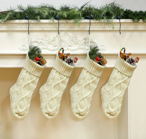Vista 4 de Paquete de 3 medias de Navidad, 14 pulgadas, calcetines de punto trenzado, regalos y decoración para vacaciones familiares, decoración de fiesta