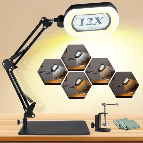 Vista 2 de Lupa 12X con luz y soporte, lámpara de aumento iluminada con 144 LED