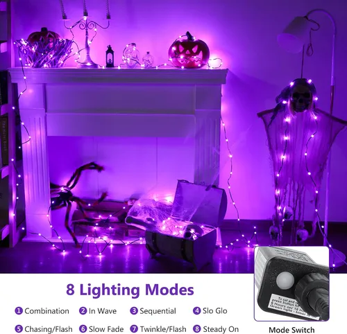 Vista 4 de Brizled Luces moradas, tira de 200 luces LED de 72 pies con temporizador, 8 modos para fiesta de Halloween en interiores y exteriores