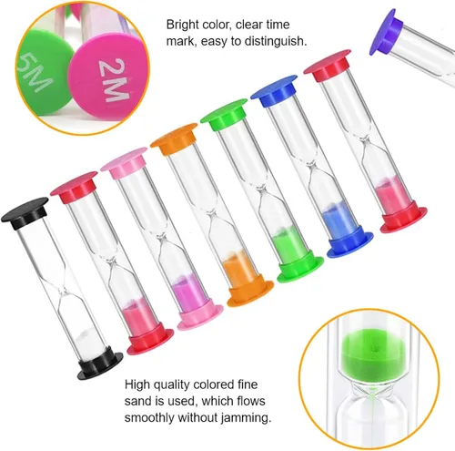 Vista 3 de Juego de 8 relojes de arena coloridos para niños, 20 segundos, 30 segundos, 1 minuto, 2 minutos, 3 minutos, 4 minutos, 5 minutos, 10 minutos
