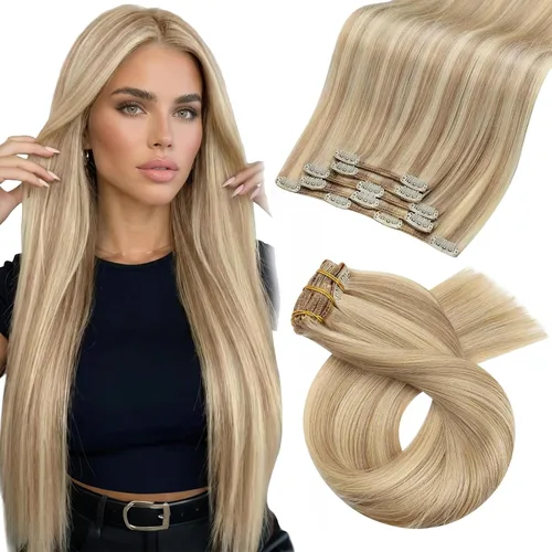 Vista 60 de Moresoo Extensiones de cabello humano con clip, balayage, color marrón oscuro a marrón dorado con clip, extensiones de cabello humano con clip, 5