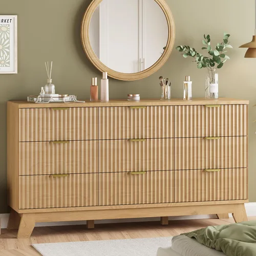 Vista 37 de Cómoda acanalada para dormitorio con 3 cajones, cómoda moderna de 24 pulgadas de ancho con mango de metal, soporte de TV de madera, armario de Negro