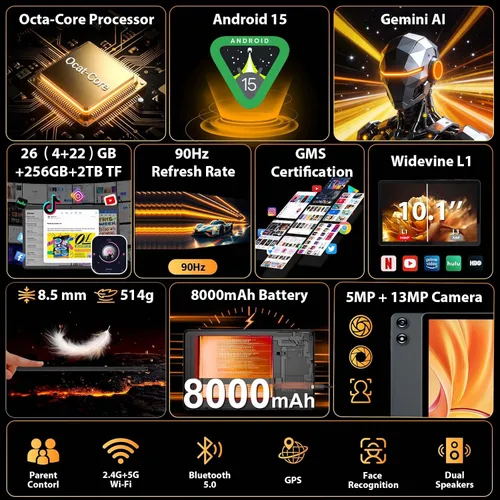 Vista 2 de 2026 Tablet de 10 pulgadas, tableta Android 15 con teclado, 26GB+256GB+2TB Negro