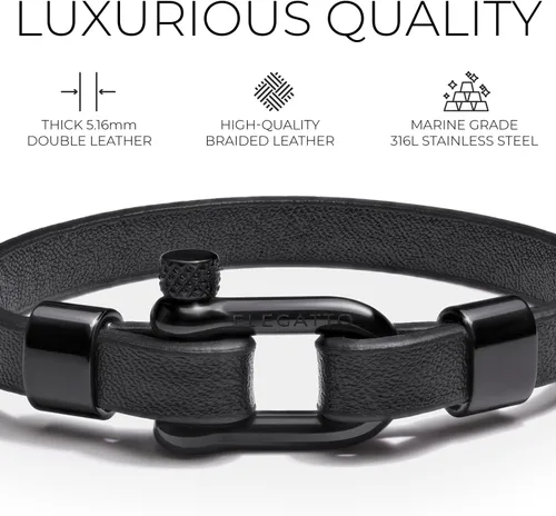 Vista 3 de Elegatto Morelle Pulsera de cuero premium para hombre Piel de grano entero color negro con cierre de grillete de acero inoxidable pulido