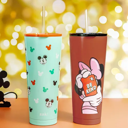Vista 4 de Zak Designs Disney Minnie Mouse - Vaso de viaje de acero inoxidable con aislamiento al vacío con tapa a prueba de salpicaduras, incluye popote
