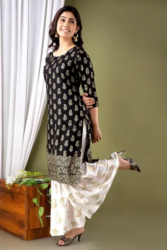 Vista 2 de Chandrakala Kurti Sharara - Conjunto de túnica de rayón para mujer, vestido de verano indio, (K163-P)