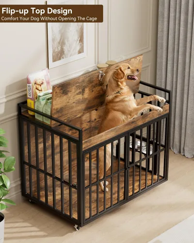Vista 13 de Muebles de jaula para perros grandes y resistentes con cuencos y ruedas