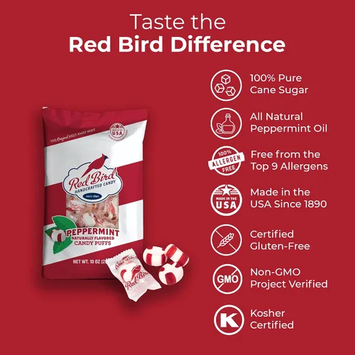 Vista 3 de Red Bird Caramelo de menta suave, envuelto individualmente, mentas de aliento sin gluten, bolsa de 10 onzas