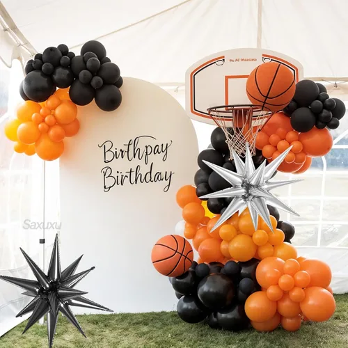 Vista 6 de Kit de arco de globos de baloncesto, kit de guirnalda de globos negros y naranjas, globos de estrella plateada de papel aluminio para baloncesto