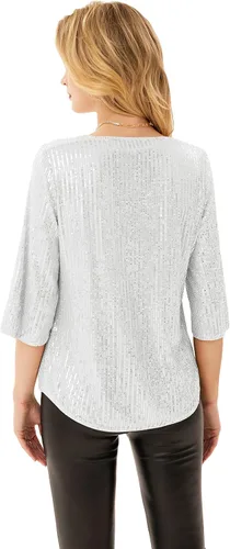 Vista 2 de Blusa de fiesta con lentejuelas brillantes para mujer, con purpurina brillante y manga 34 con abertura