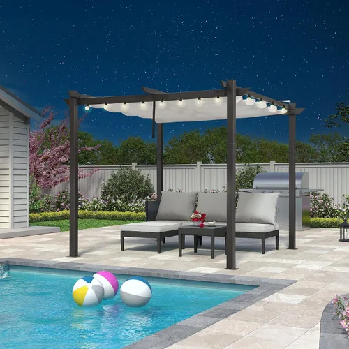 Vista 29 de PURPLE LEAF Pergola retráctil de 10 x 10 pies, pérgola blanca, toldo extra, azul marino