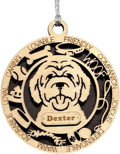 Vista 90 de Adorno de Navidad personalizado para perro Cavalier King Charles Spaniel, redondo de 3 pulgadas, madera cortada con láser de 2 capas, nombre y texto