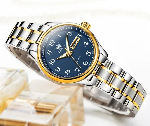 Vista 4 de OLEVS Relojes para Mujeres Vestido de Negocios Femenino Damas para Muñeca Pequeña Reloj Tono Dorado y Plateado Banda de Acero Inoxidable Analógico