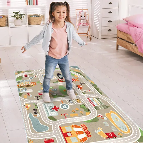 Vista 2 de Alfombra de juegos para niños, alfombra de juego para autos de juguete y trenes, alfombra de área de juegos con respaldo de goma, alfombra