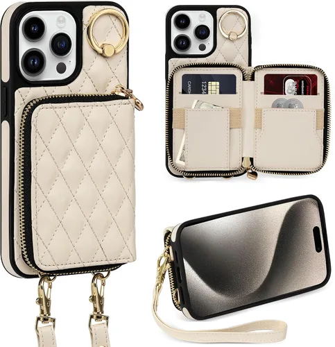 Vista 14 de Funda para iPhone 12 Pro/iPhone 12 de 6.1 pulgadas, cartera cruzada con cremallera para mujer, tarjetero con bloqueo RFID, funda de cuero con Negro