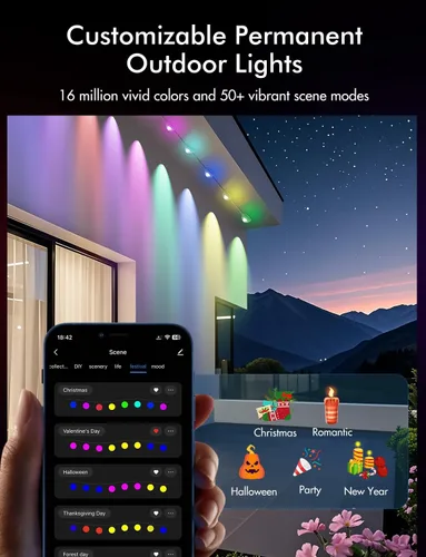 Vista 5 de Smart RGBIC - Luces permanentes para exteriores, 124 pies (72 LED), IP68, impermeables, luces de Navidad que cambian de color con 51 modos festivos