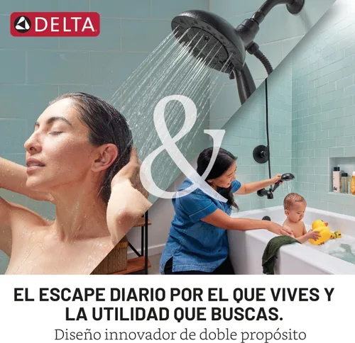 Vista 4 de Delta In2ition - Cabezal de ducha doble 2 en 1 de 4 ajustes con rociador de mano, cabezal de ducha desmontable negro mate con manguera, cabezal