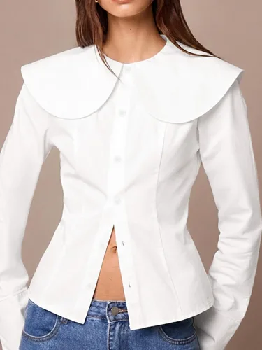 Vista 2 de Camisa de manga larga con botones para mujer, elegante blusa con cuello redondo y cintura ceñida, casual y para la oficina