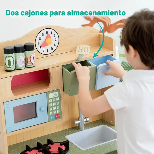 Vista 7 de Teamson Kids Little Chef Florence - Cocina interactiva clásica de madera con accesorios y espacio de almacenamiento para una fácil limpieza, grano