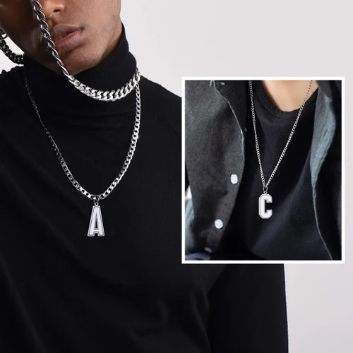 Vista 9 de GoldChic - Collar con letra inicial para hombre, de acero inoxidable, collar de iniciales grandes para deportistas y atletas, colgante del alfabeto