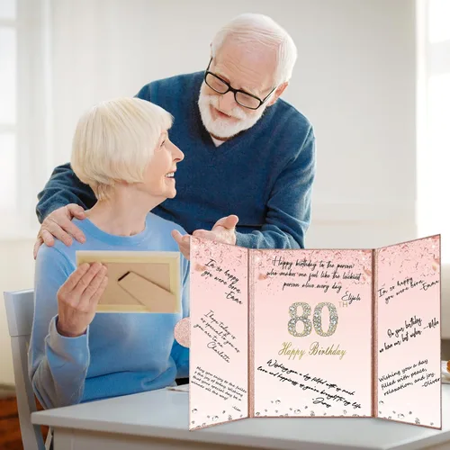 Vista 5 de Crenics Decoraciones de oro rosa para cumpleaños n.° 80, alternativa creativa de libro de inicio de sesión de invitada de 80 cumpleaños, libro