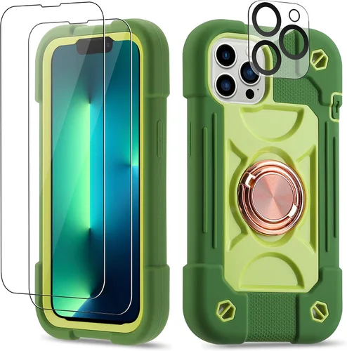Vista 10 de Funda para iPhone 11 de 6.1 pulgadas con soporte de anillo, con 2 protectores de pantalla de vidrio, resistente a los golpes, resistente a