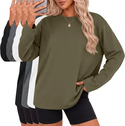 Vista 13 de Ficerd Paquete de 4 camisetas casuales de manga larga con cuello redondo