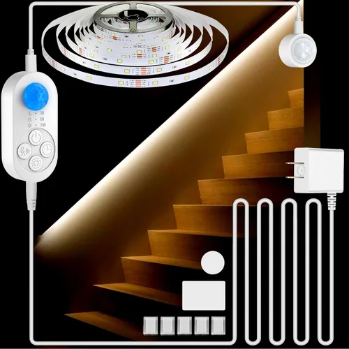 Vista 10 de Luces de Escalera con Doble Sensor para Interiores, Tira de Luz para Escalones Activada por Movimiento Enchufable para Interiores con Atenuador