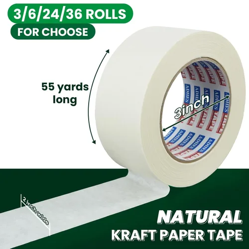 Vista 2 de ADHES - Cinta de papel kraft blanca, 2 pulgadas x 55 yardas, 3 rollos de cinta de papel resistente para escribir y sin recubrimiento, cinta