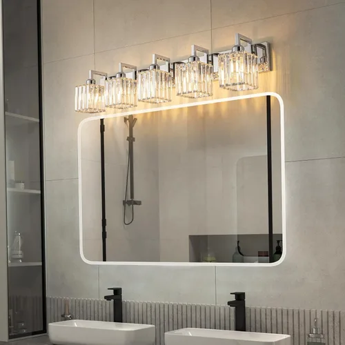Vista 2 de Moderna lámpara de cristal para pared/tocador de baño, de 5 luces, color cromo Cromo torcido