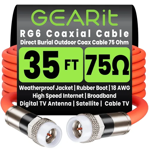 Vista 12 de GEARit Cable coaxial para enterramiento directo (15 pies) RG6 70 ohmios RF impermeable subterráneo en pared con protector de goma, Internet de alta