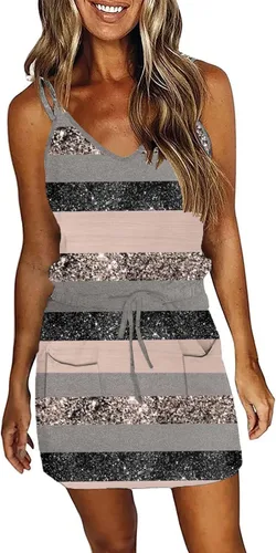 Vista 32 de Vestido de verano a rayas para mujer, sin mangas, con tirantes halter y bolsillos