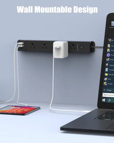 Vista 4 de AUOPLUS - Regleta protectora de sobretensiones con puertos USB C, cable de extensión trenzado de 5 pies, 5 salidas y 3 puertos USB (1 USB C)