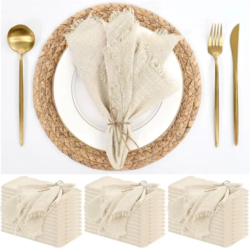 Vista 16 de Paquete de 12 servilletas de lino y algodón beige de 16 x 16 pulgadas, hechas a mano con flecos, servilletas de tela suave, lavables y rústicas
